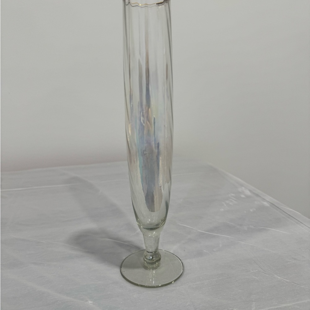 Tall Gold Rim Swirl Glass Bud Vase | Clear Decorative Art Glass